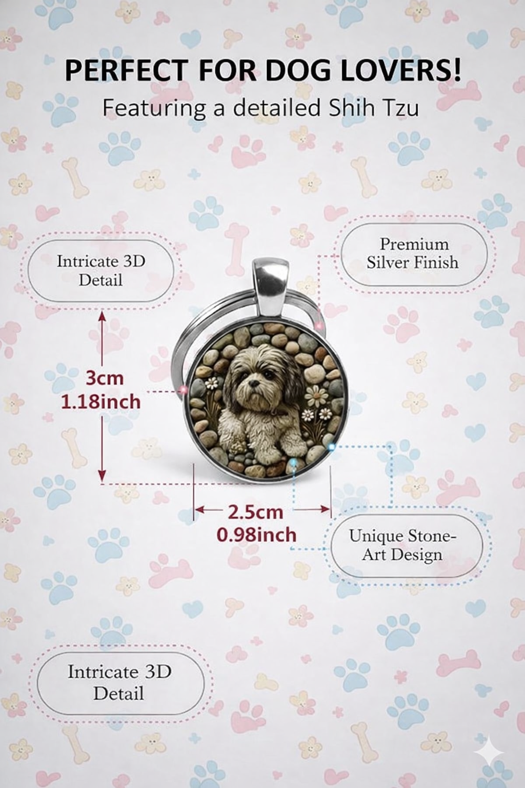 Shih Tzu Dog Lovers' Keychain, Different Puppy Breeds Portrait Round Glass Keychain, Silver Metal Frame, 1.06 Inch Diameter