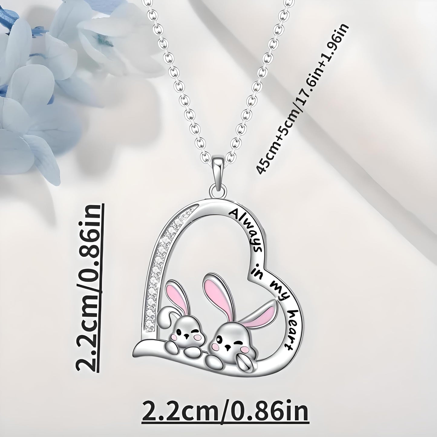 SUPAC Pair of Bunnies & Heart Pendant Necklace Always in My Heart - White Golden Plated Alloy with Resin Accents, Birthday or Friendship Gift, 2+ Options