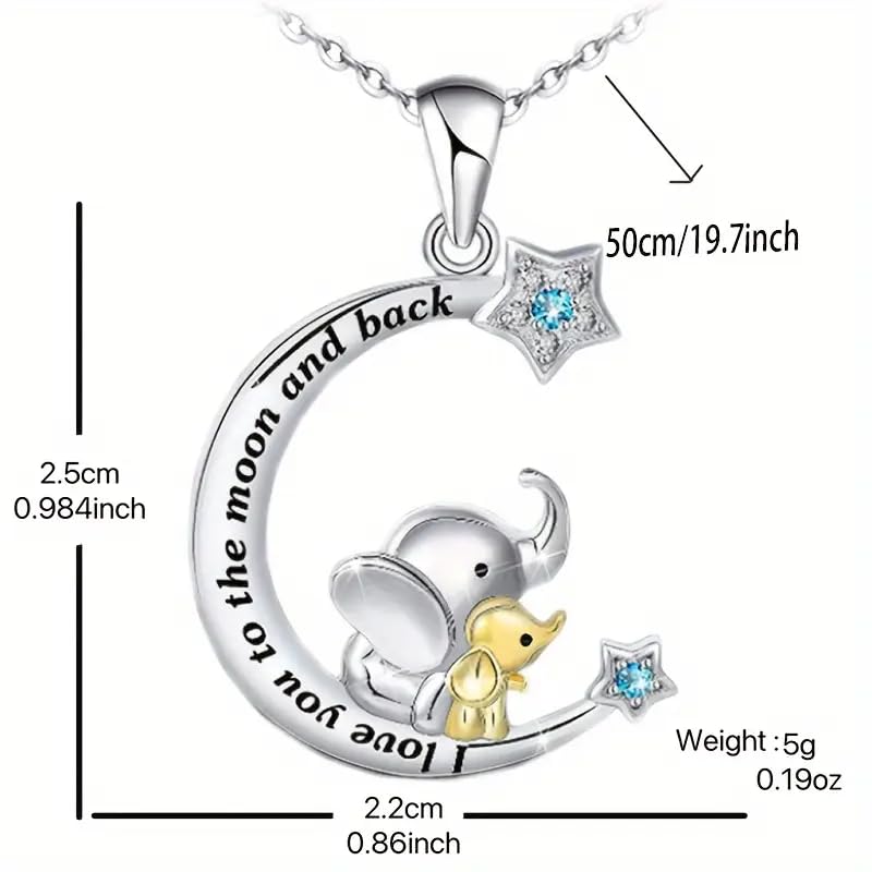 Moon and Stars Elephant Pendant Necklace, Silver Chain with Blue Crystal Stars - Elephant Lover's Gift