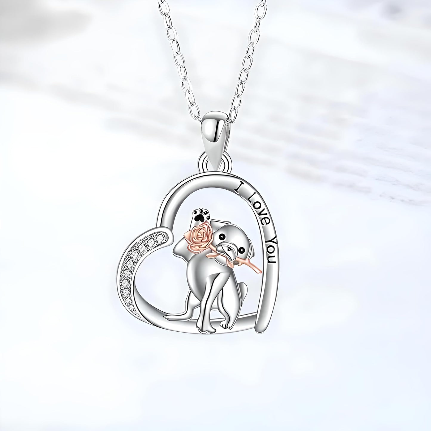 SUPAC Dog Breeds Necklace, German Shepherd, Labrador Retriever, Heart Pendant Necklace, Black and Gold, Crystal Paw Print Design, Dog Lovers Gift