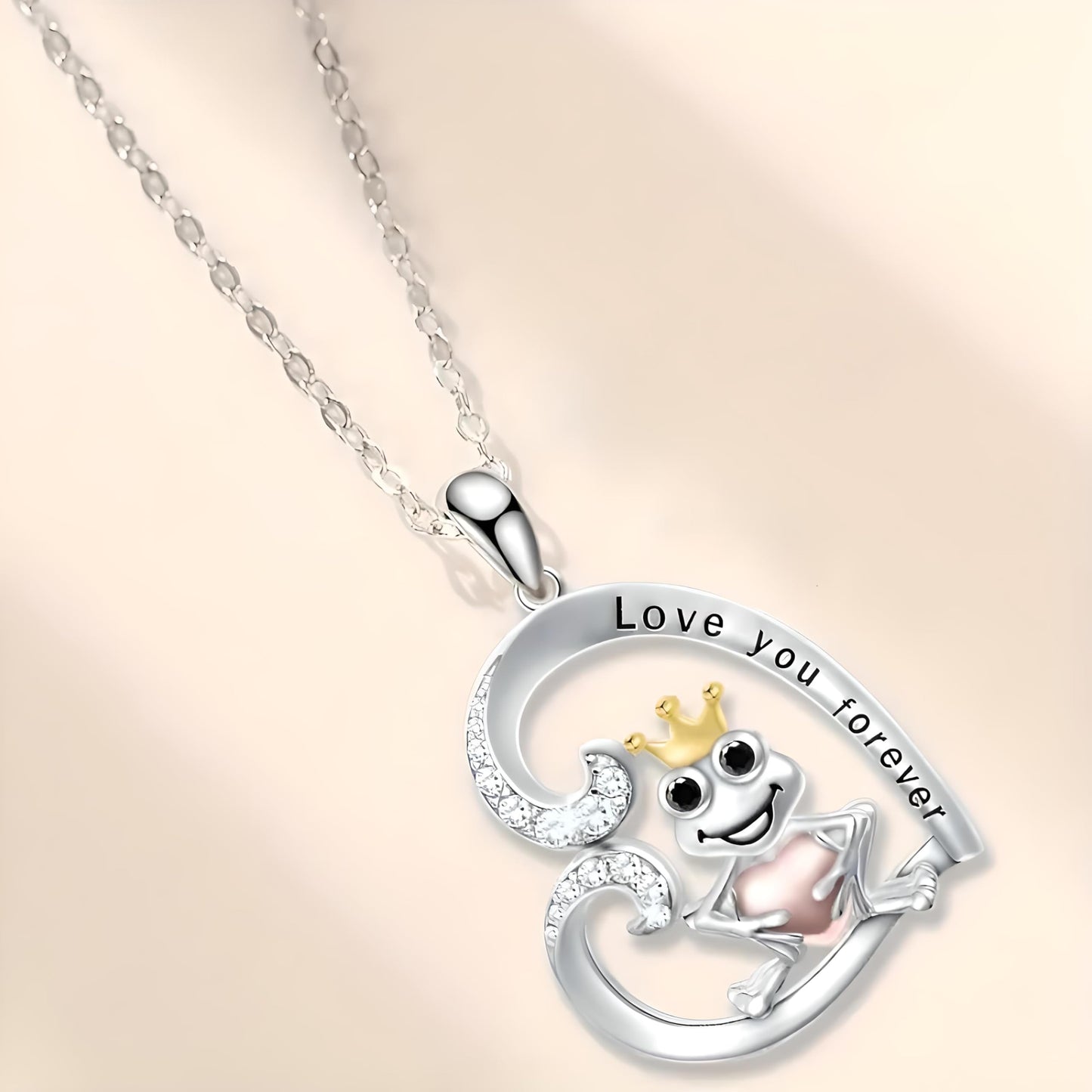 SUPAC Frog Prince Charming Pendant Necklace, Alloy with Plated White K, Resin Gem, Love You Forever Inscription, Animal-Themed Jewelry