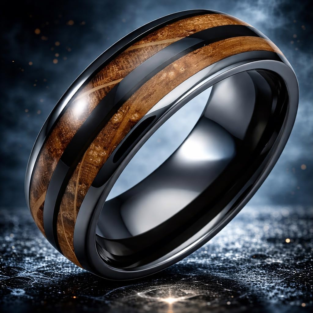 SUPAC 1pc Men's Trendy Stainless Steel Gray Whiskey Barrel Wooden Inlaid Wedding Ring - Suitable For Any Commitment Or Engagement size 7-13 (9)