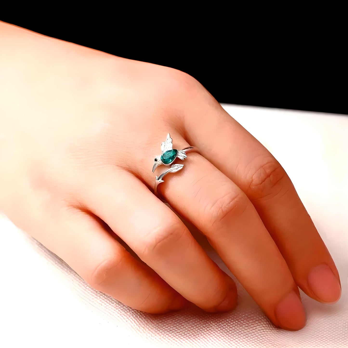 Sterling Silver Hummingbird Ring with Enamel Flowers, Adjustable, Turquoise and Purple