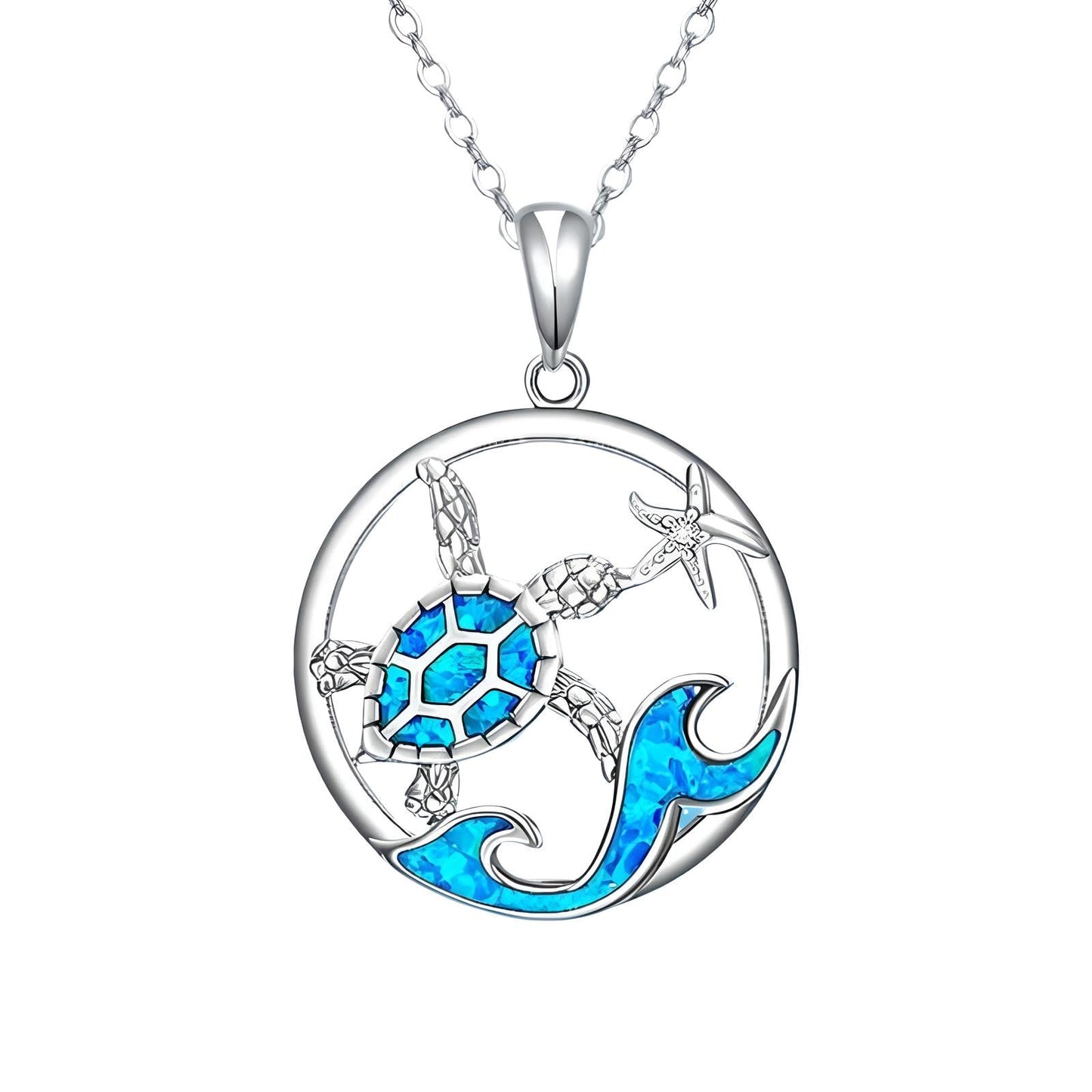 SUPAC Sea Turtle Necklace with Blue Opal, Ocean Wave Design, 0.71 inch Pendant