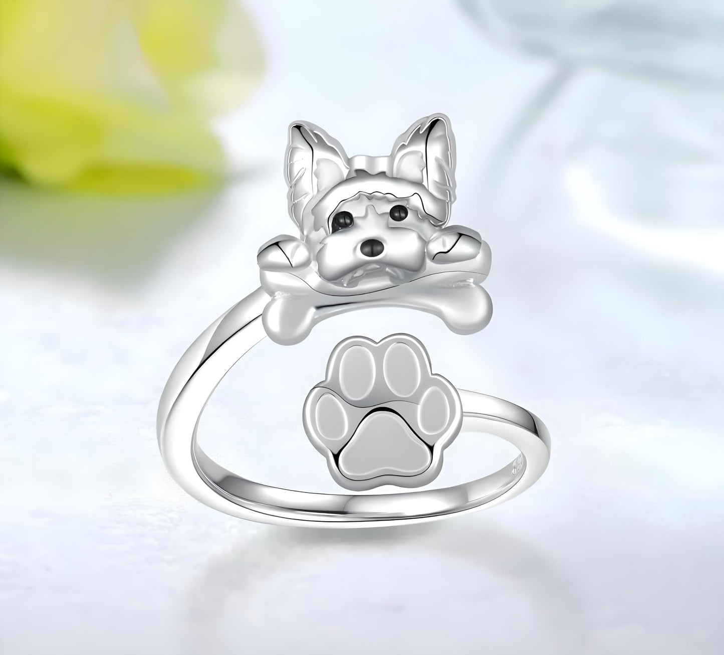 German Shepherd, Yorkie, Pug Dog Paw Adjustable Ring, Sterling Silver, Paw Print Design with Crystal Accents - Christmas, Birthday, or Party Ring