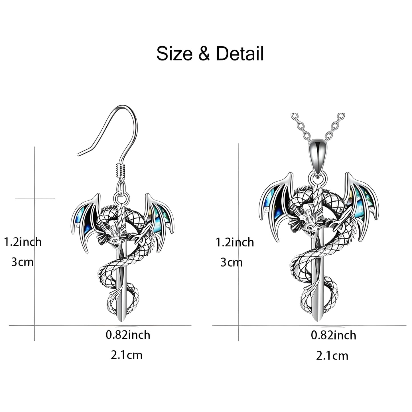 SUPAC Dragon Sword Jewelry Set, Silver Pendant Necklace and Earrings with Iridescent Wings, Gothic Fantasy Design