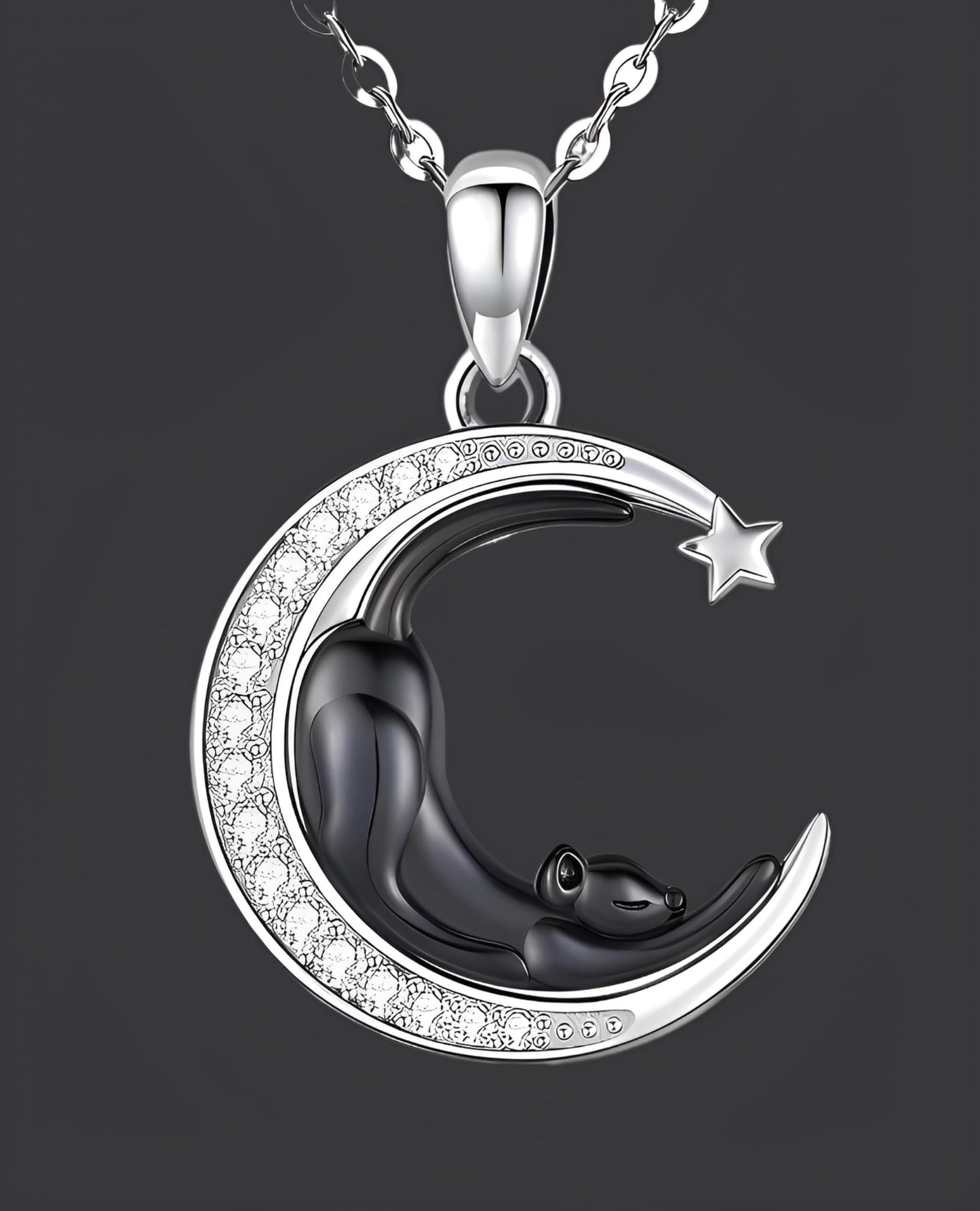 Stainless Steel Cat Moon Heart Star Flower Necklace with Crystal Pendant, 8 Designs - Cute Heart Necklace, With Black Cats, Charming in Rose Gold - Stylish Gift for Women & Party Accessory (Black Cat Stretching on the Moon)