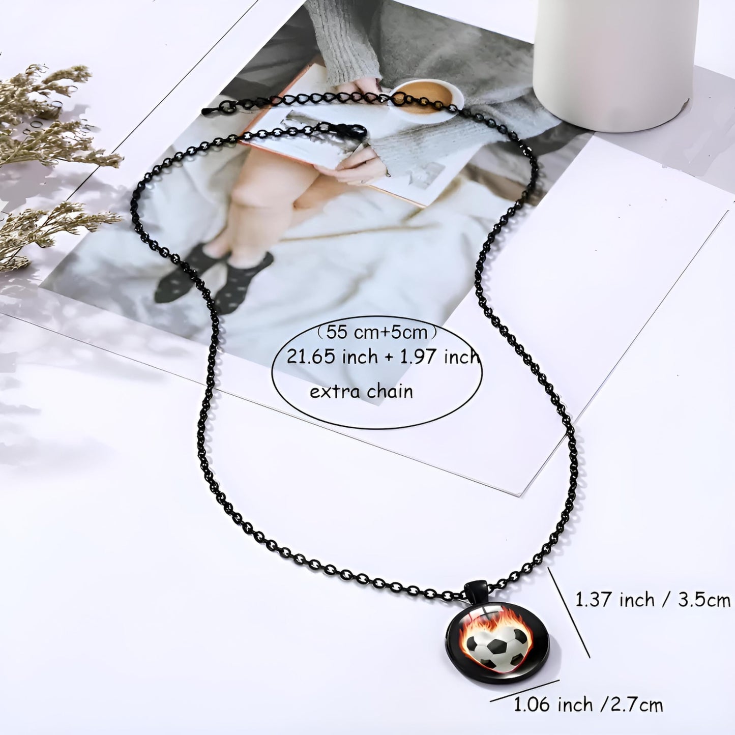 SUPAC Sports Pendant Necklace with Flaming Soccer Ball and Baseball Design, 21.65 inch Chain with 1.97 inch Extension, Black (Soccer)
