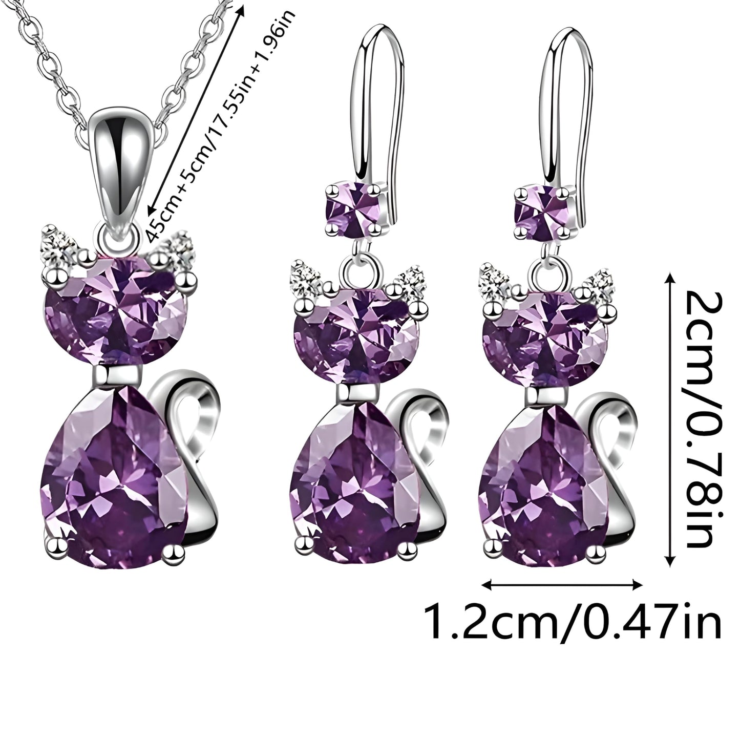 SUPAC Pink and Purple Cat Jewelry Set, Rose Gold Plated Crystal Necklace Earrings Ring, Gift for Cat Enthusiasts (Purple 3PCS)
