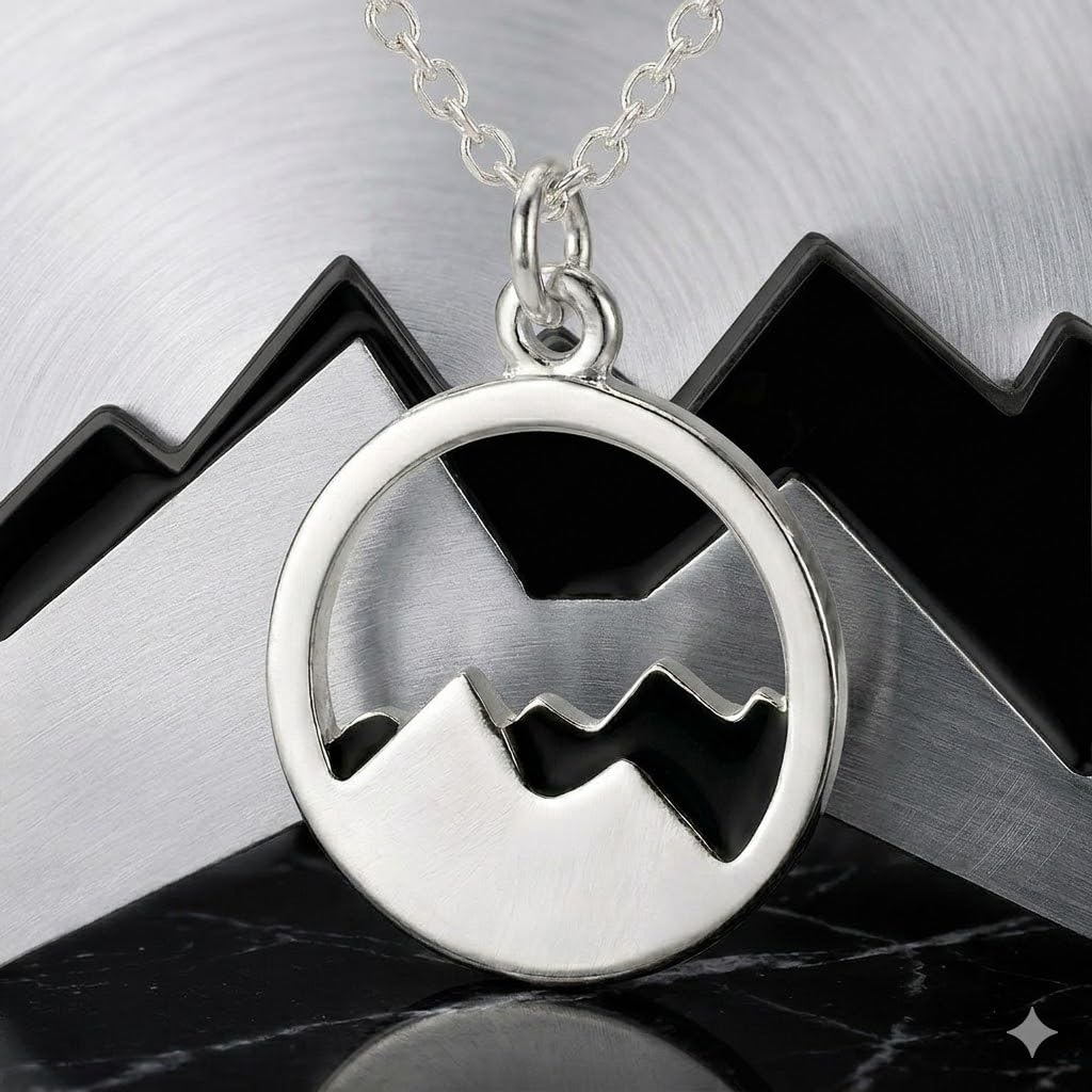 SUPAC Mountain Scene Pendant Stainless Steel Necklace, Silver Plated Chain, Nature Landscape Design, Circle Pendant (Black Mountain)