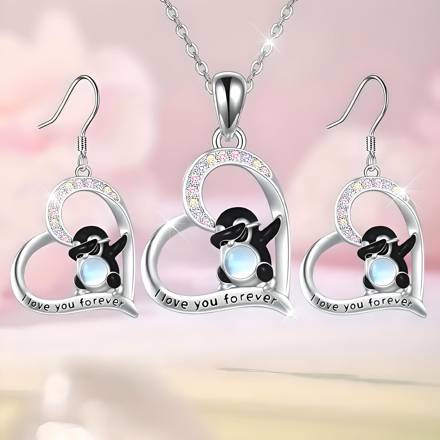 Dabbing Penguins Heart Jewelry Set, I Love You Forever Necklace and Earrings, Crystal Rhinestone Silver Pendant, 17.55 inch Chain