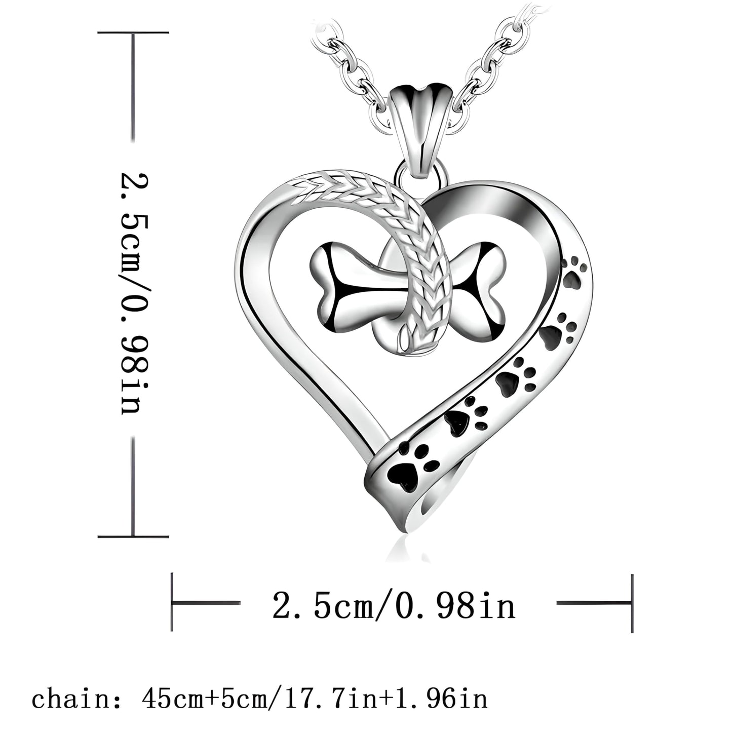 Dog Lover Heart Pendant Necklace with Bone Charm and Paw Prints, Stainless Steel Chain 17.7", Pet Memorial Jewelry