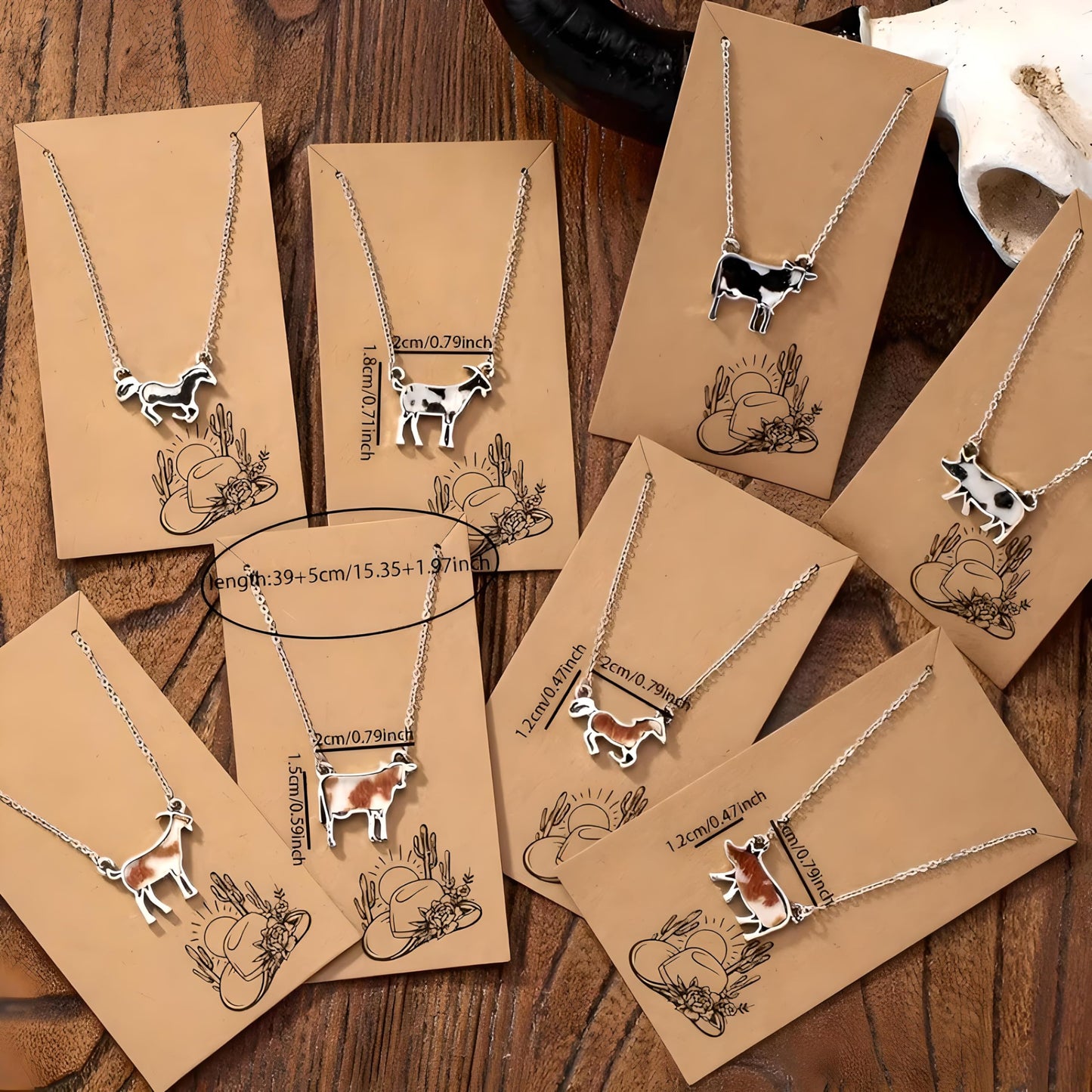 Western Farm Animal Pendant Necklace, Cow, Horse, Goat, and Pig Hide - Silver Chain, 15.35 inch + 1.97 inch Extension
