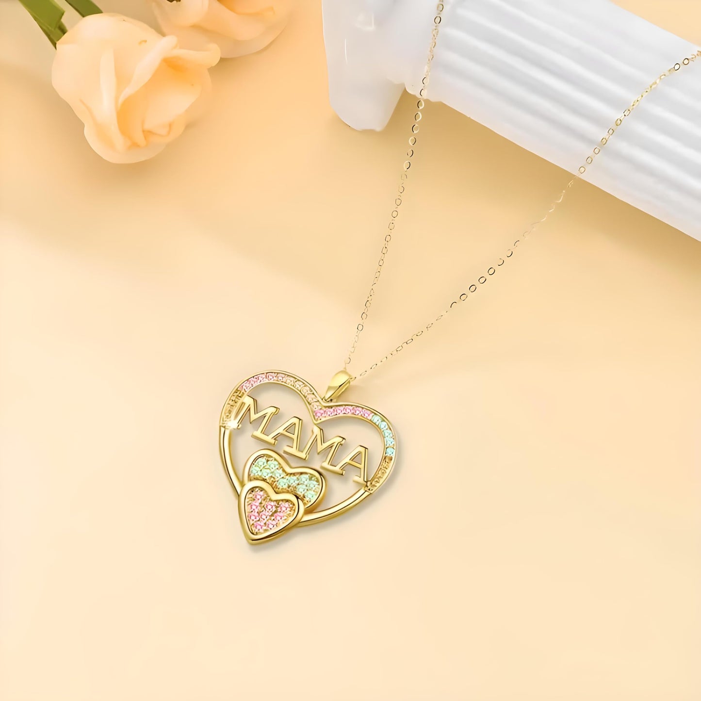 Gold Heart Shaped "MAMA" Necklace, Sparkling Stainless Steel Necklace- with Blue and Pink Simulated Diamonds, Christmas or Birthday Gift