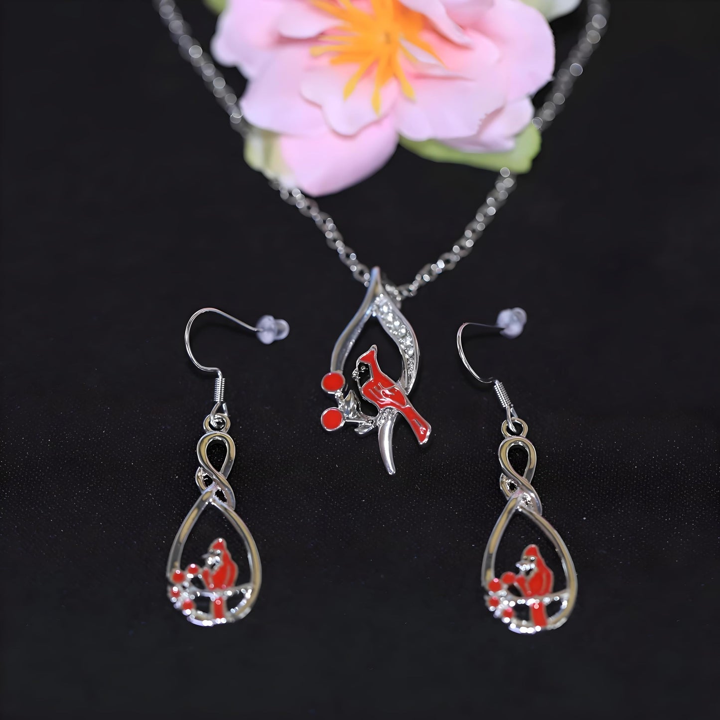 SUPAC Red Cardinal Jewelry Set, Necklace, Dangle Earrings, Bracelet, and Adjustable Ring - Cardinal Jewelry Gift