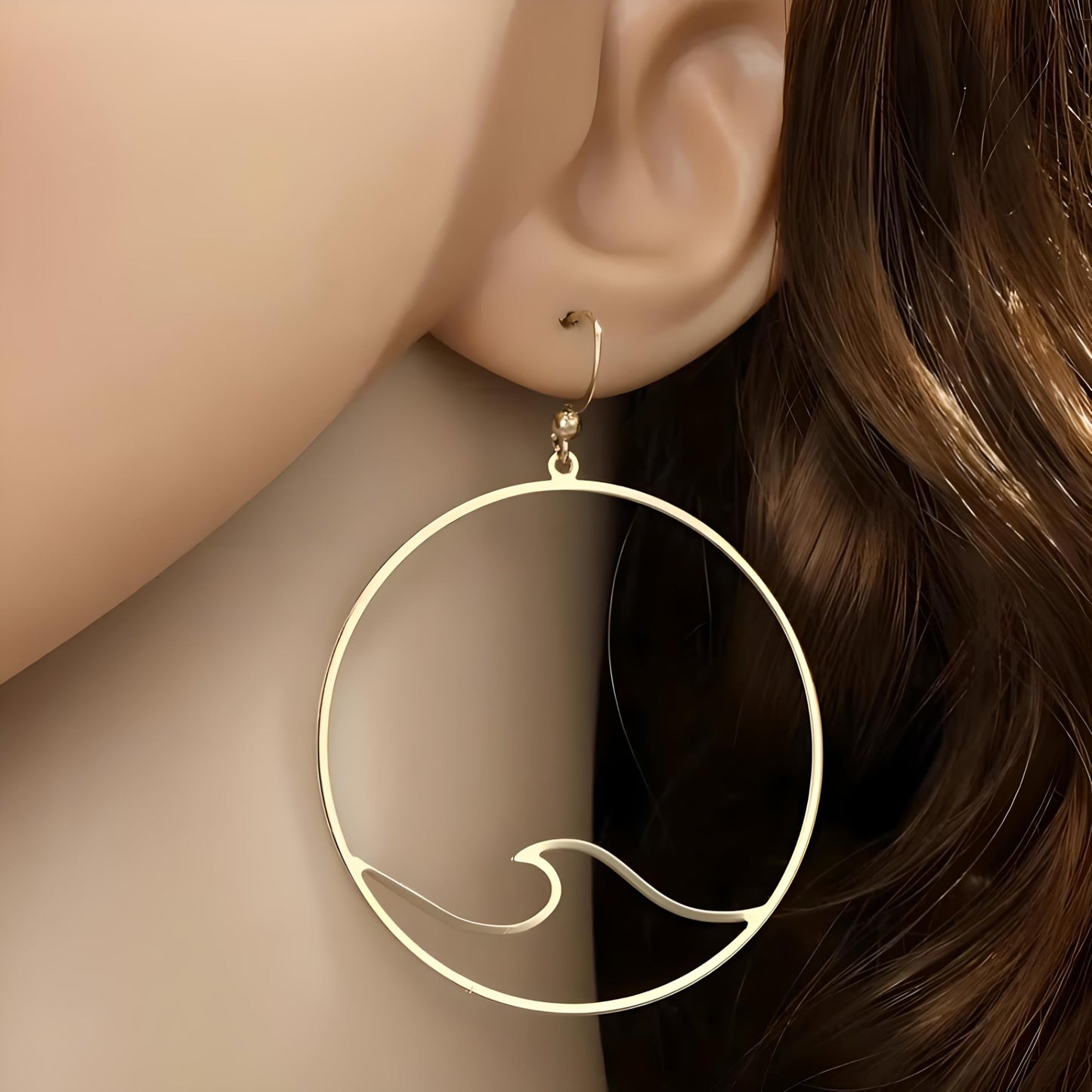 SUPAC Wave Design Hoop Earrings, Gold-Tone, 2.67 inch Large Circle Drop
