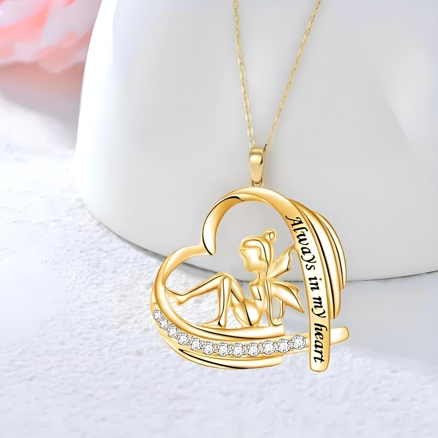 Gold Fairy Heart Shaped Necklace, Women's Fashion Jewelry Gift- 'Always in my heart'