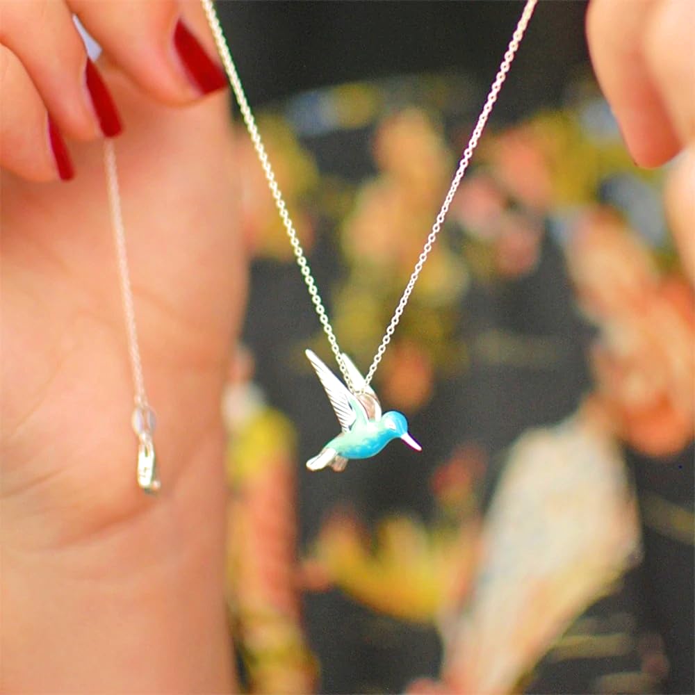 Hummingbird Pendant Necklace, Sterling Silver Chain, Turquoise Blue Enamel