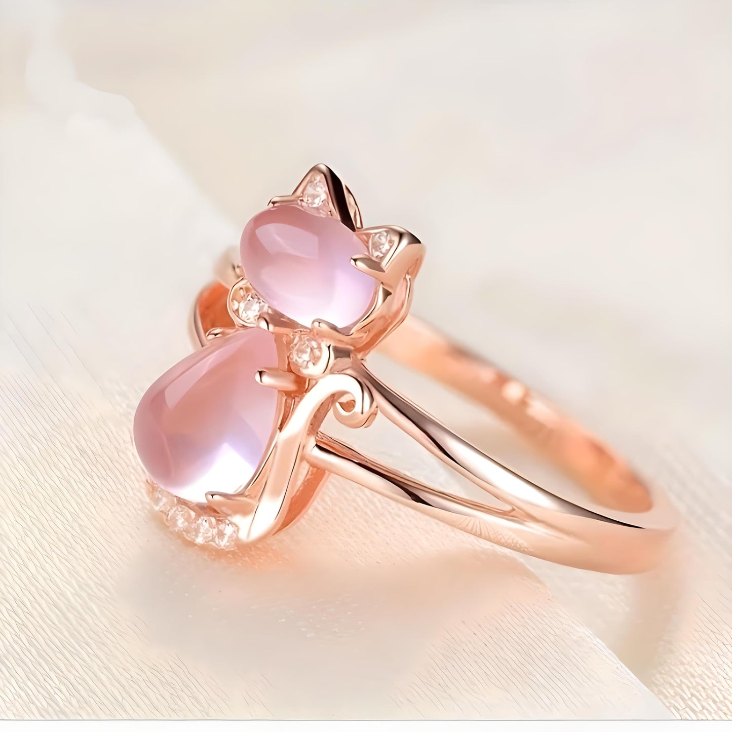 SUPAC Pink Cat Jewelry Set, Rose Gold Plated Crystal Necklace Earrings Ring, Gift for Cat Enthusiasts
