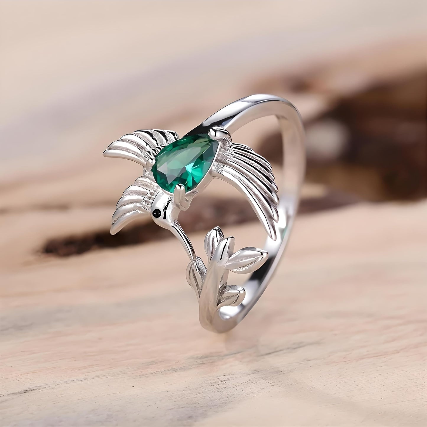 Sterling Silver Hummingbird Ring with Enamel Flowers, Adjustable, Turquoise and Purple