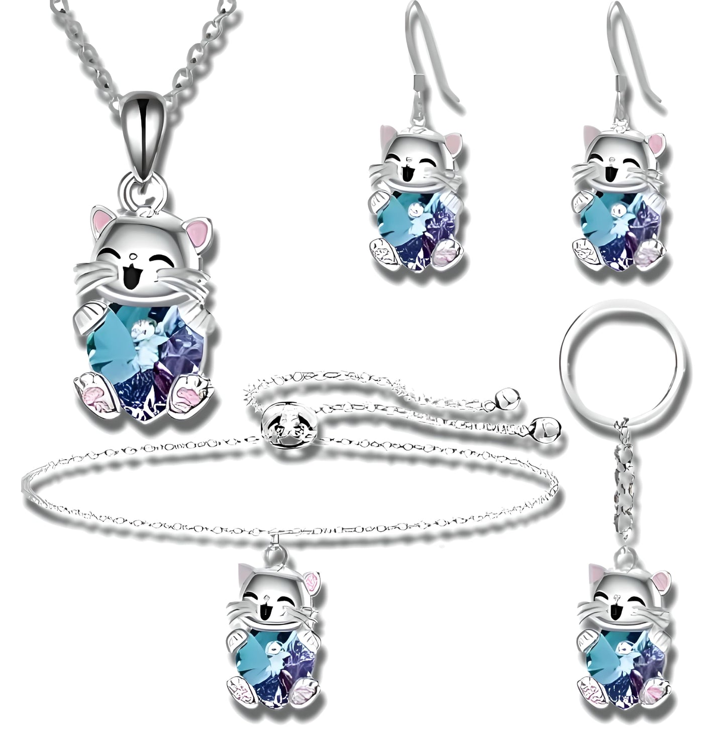 Lucky Smiling Cat Crystal Jewelry Set, Necklace Bracelet Earrings Keychain, Blue and Purple Crystal, Silver