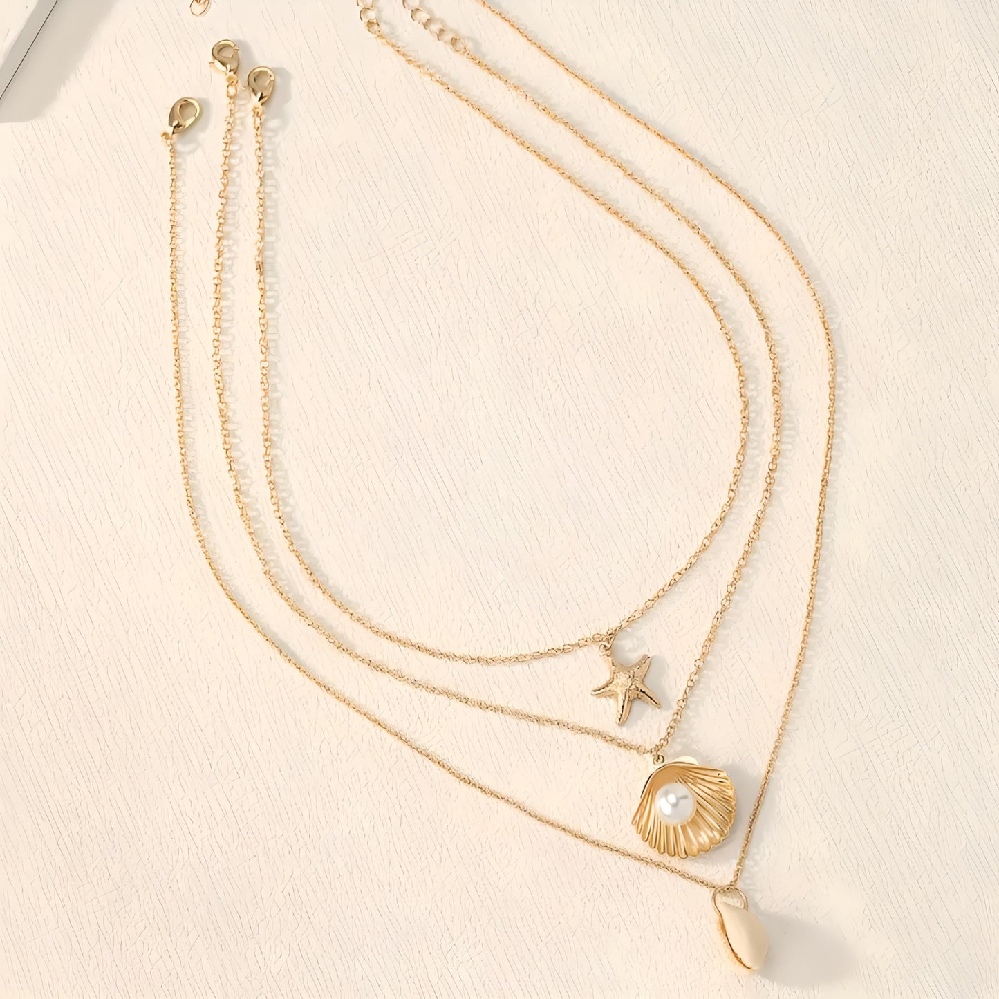Layered Beach Necklace Set, Gold Tone Starfish Shell Pearl Pendant, 3-Piece Chain