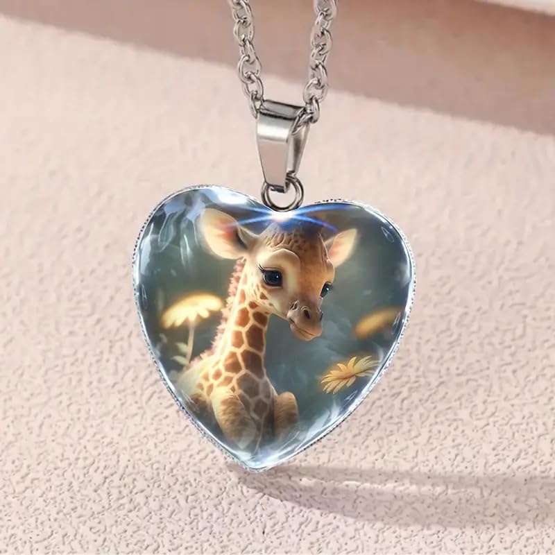 Cute Exquisite Giraffe Animal Detail Heart Pendant Necklace, Stainless Steel Chain- Christmas, Birthday, or Party Gift For Women