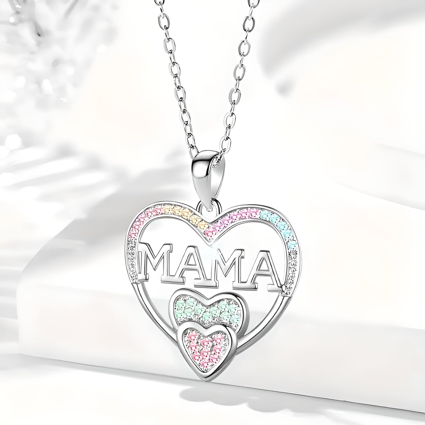Gold Heart Shaped "MAMA" Necklace, Sparkling Stainless Steel Necklace- with Blue and Pink Simulated Diamonds, Christmas or Birthday Gift