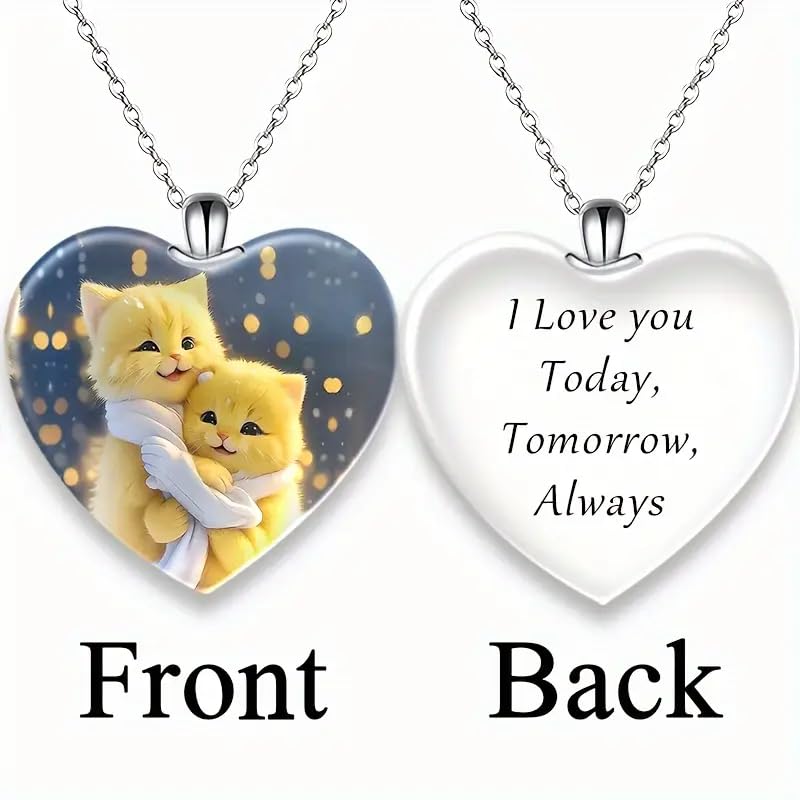 Cute Yellow Cats Hugging Heart Pendant Necklace, Crystal Glass Pendant, Stainless Steel Chain 'I Love you Today, Tomorrow, Always' Engraved - Christmas, Holiday, or Birthday Gift