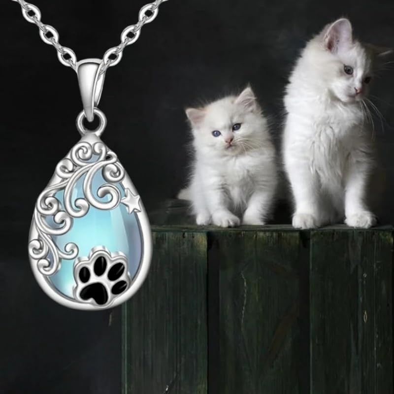 Pet Memorial Necklace, Silver Teardrop Pendant with Paw Print and Moon Stone, Cat or Dog Lovers' Gift