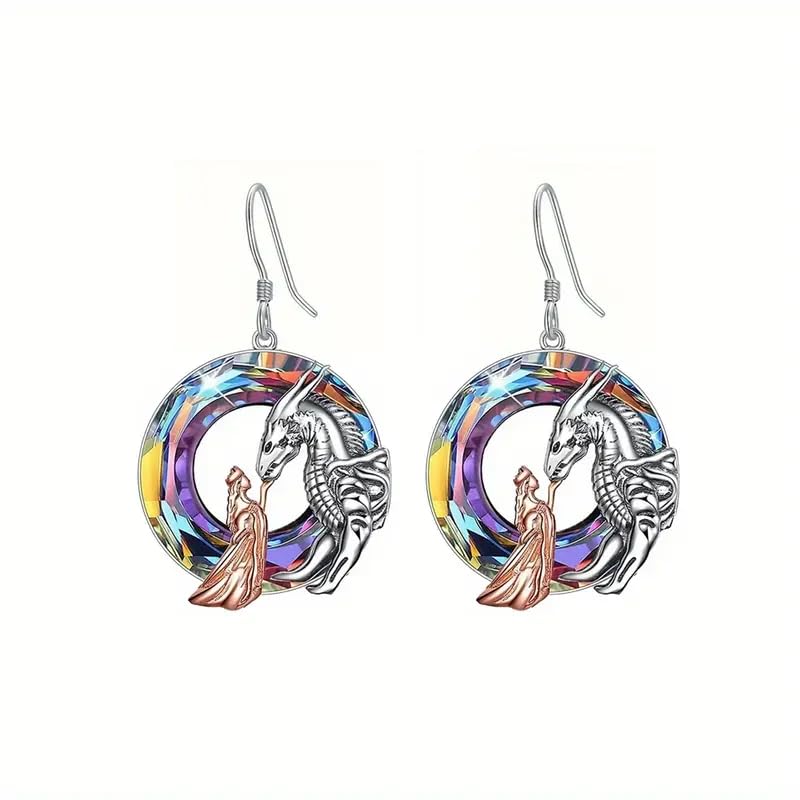 Fantasy Dragon and Maiden Jewelry Set, 4-Piece Rainbow Crystal Collection, Necklace Bracelet Earrings Keychain, Silver