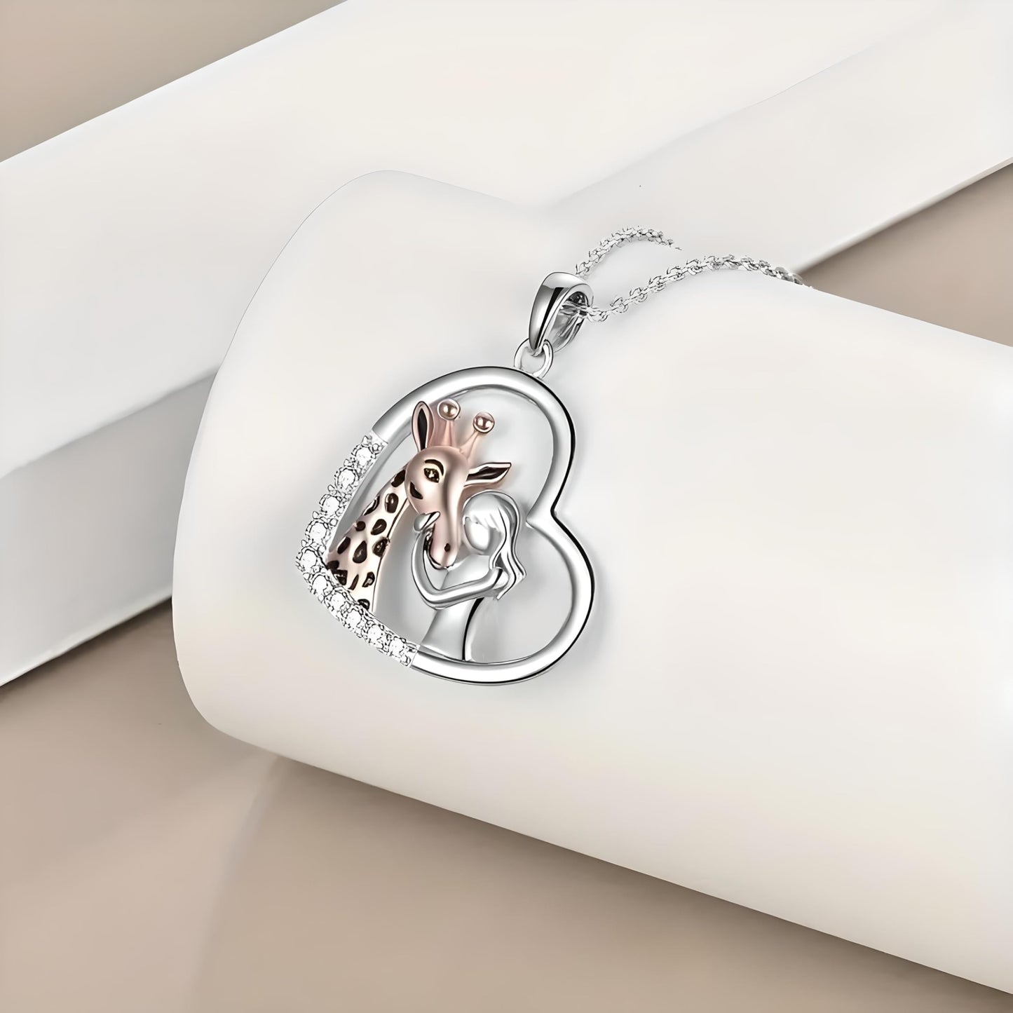 Sterling Silver Giraffe Heart Pendant Necklace with Crystals