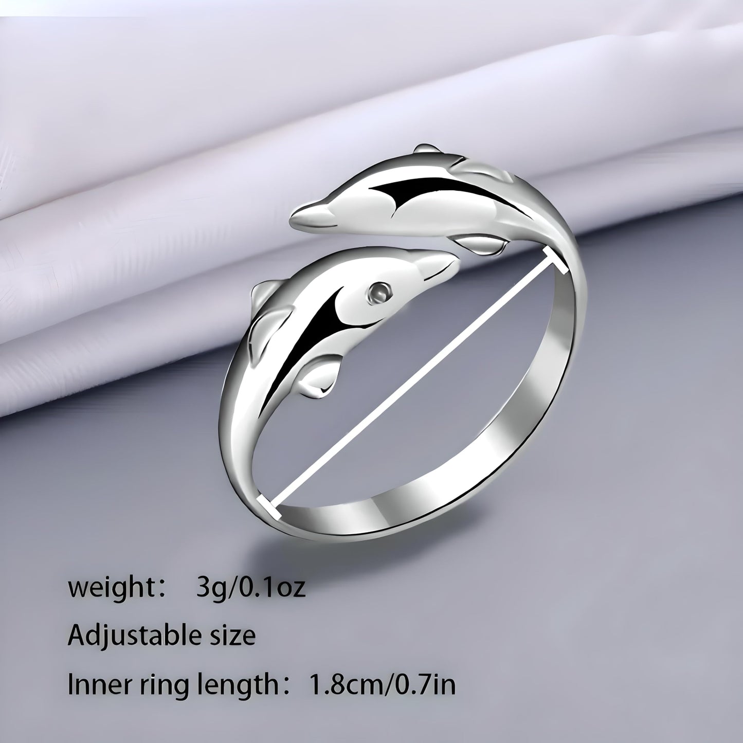 Stainless Steel Double Dolphin Ring, Adjustable Size, 0.7 inch Inner Length - Ocean Gift
