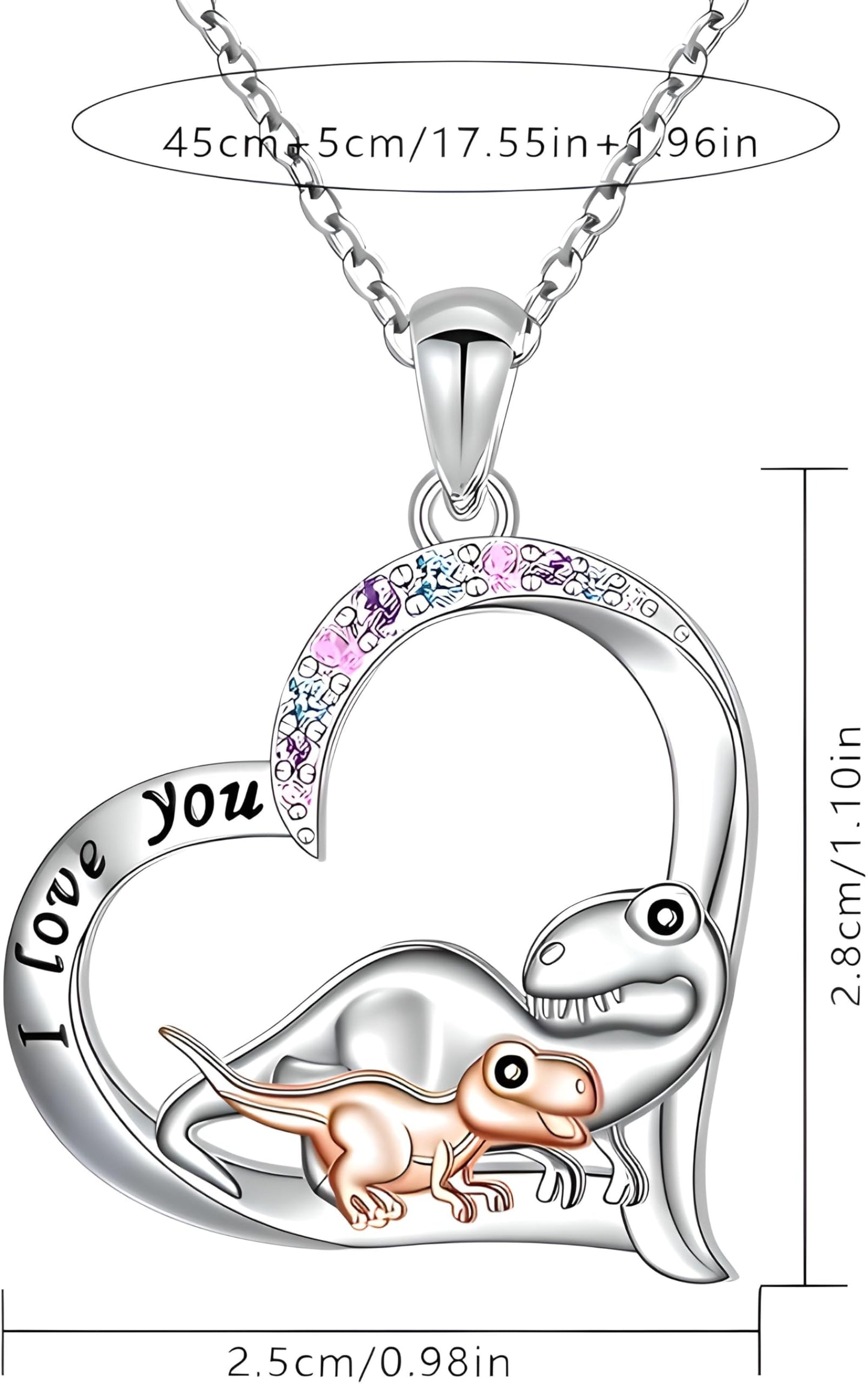 SUPAC Cute Cartoon Dinosaur Heart Pendant Necklace with Rhinestone Accents I Love You, Fashion Jewelry for Daily and Party Wear, Birthday and Christmas Gift