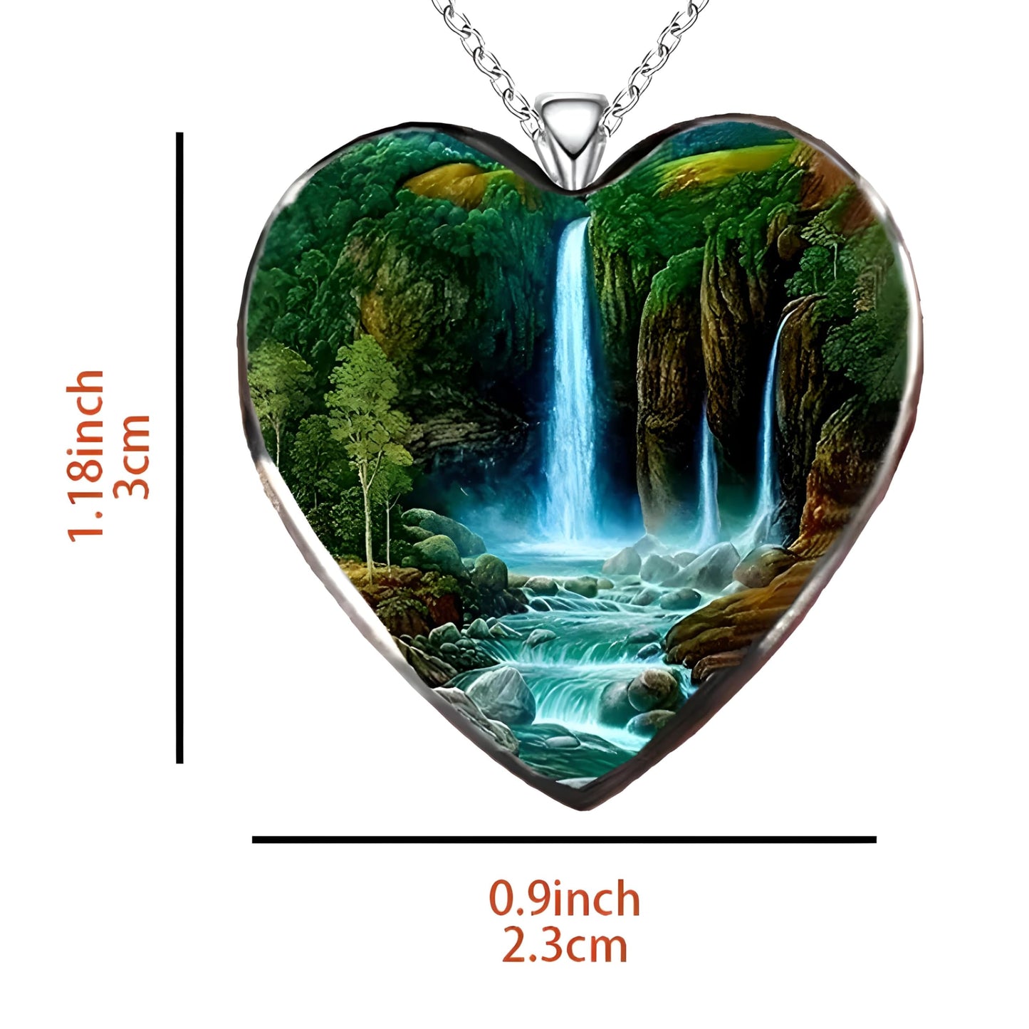 Waterfall Heart Pendant Necklace, Scenic Landscape Design - Beautiful Glass Heart, Birthday, Holiday, or Christmas Gift