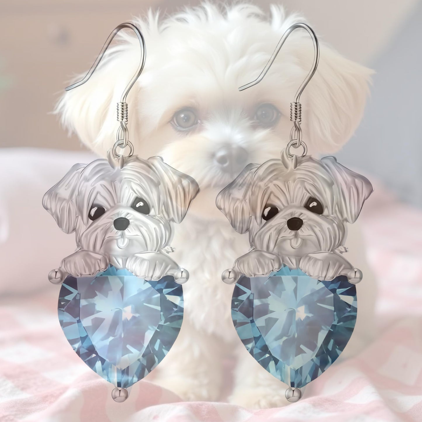 Decorative Dog Dangle Earrings, Blue Crystal Heart, Silver Shih Tzu Design