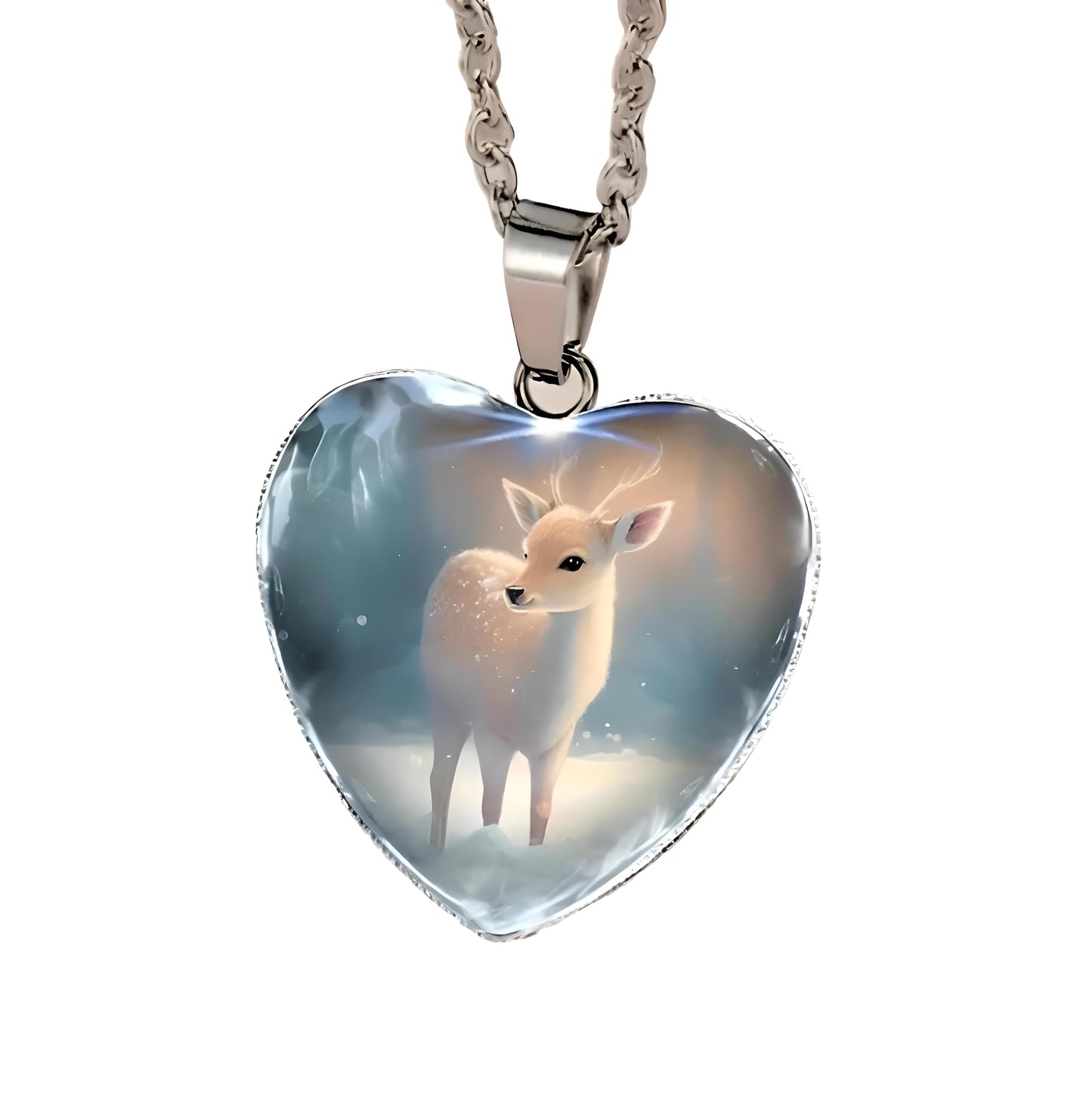 Heart-Shaped Pendant Necklace with Different Animals - Panda, Horse, Deer, Cat, Elephant, Dog Scenic Views, Stainless Steel Necklace with Glass Pendant - Christmas, Holiday, or Birthday Gift