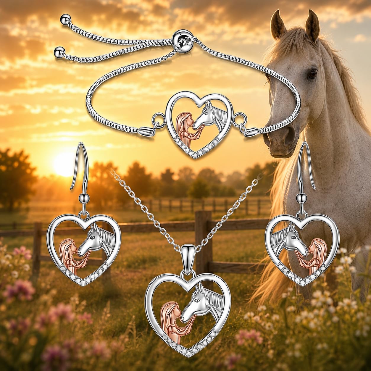 SUPAC Heart-Shaped Horse Jewelry Set, Silver and Rose Gold, Necklace and Earrings with Crystal Accents, 18+2 inch Chain