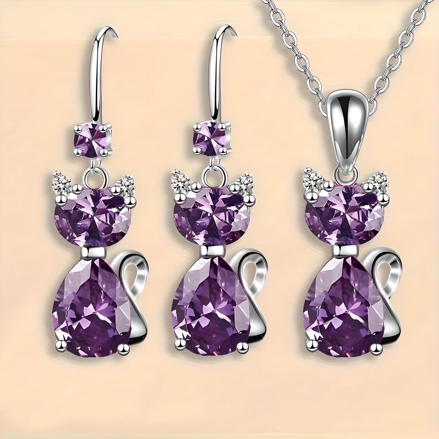 SUPAC Pink and Purple Cat Jewelry Set, Rose Gold Plated Crystal Necklace Earrings Ring, Gift for Cat Enthusiasts (Purple 3PCS)