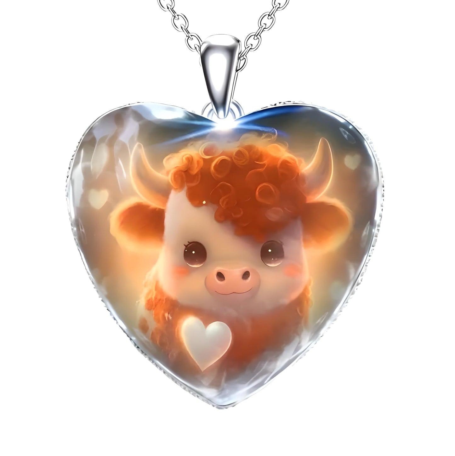 Heart-Shaped Pendant Necklace with Different Animals - Panda, Horse, Deer, Cat, Elephant, Dog Scenic Views, Stainless Steel Necklace with Glass Pendant - Christmas, Holiday, or Birthday Gift