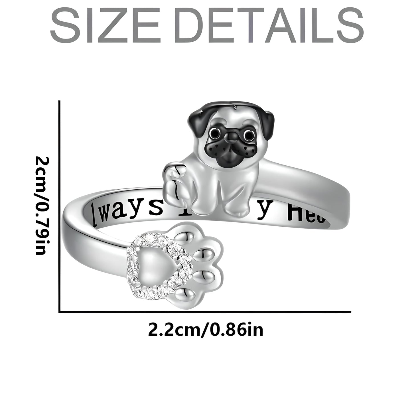 German Shepherd, Yorkie, Pug Dog Paw Adjustable Ring, Sterling Silver, Paw Print Design with Crystal Accents - Christmas, Birthday, or Party Ring