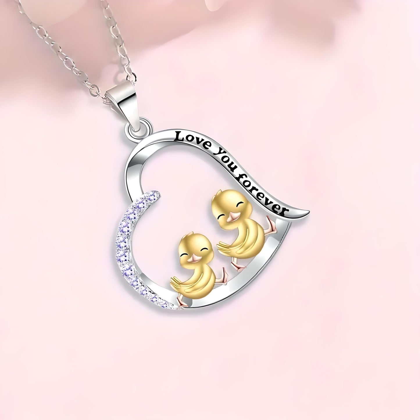 SUPAC Unique Heart-Shaped Duckling Pendant Necklace - Get Your Ducks in a Row! Forever in my heart -Exquisite Rhinestones, Plated White K Alloy, Fashionable Birthday Graduation Gift for Her