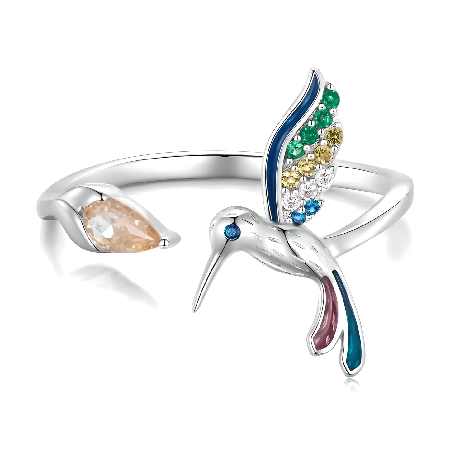 Sterling Silver Hummingbird Ring with Enamel Flowers, Adjustable, Turquoise and Purple