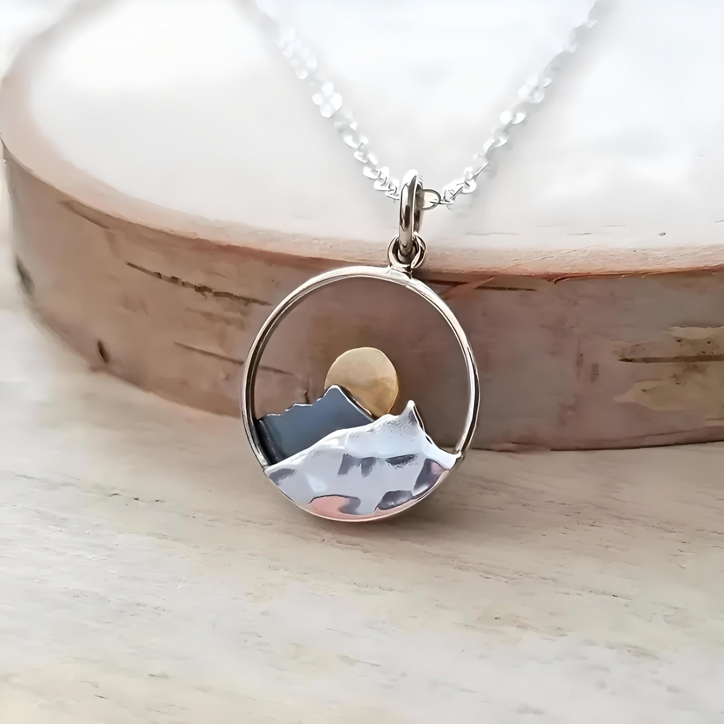Mountain Scene Pendant Necklace, Silver Chain, Nature Landscape Design, Circle Pendant