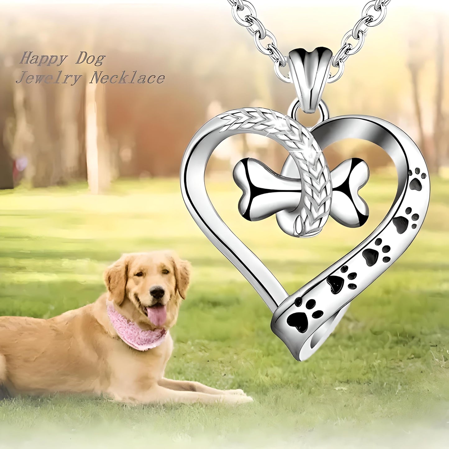 Dog Lover Heart Pendant Necklace with Bone Charm and Paw Prints, Stainless Steel Chain 17.7", Pet Memorial Jewelry