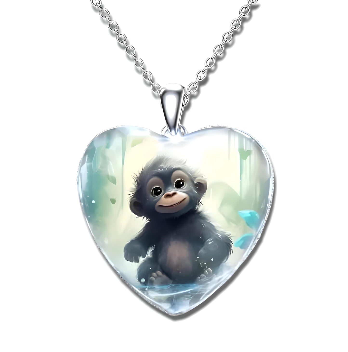 Heart-Shaped Pendant Necklace with Different Animals - Panda, Horse, Deer, Cat, Elephant, Dog Scenic Views, Stainless Steel Necklace with Glass Pendant - Christmas, Holiday, or Birthday Gift