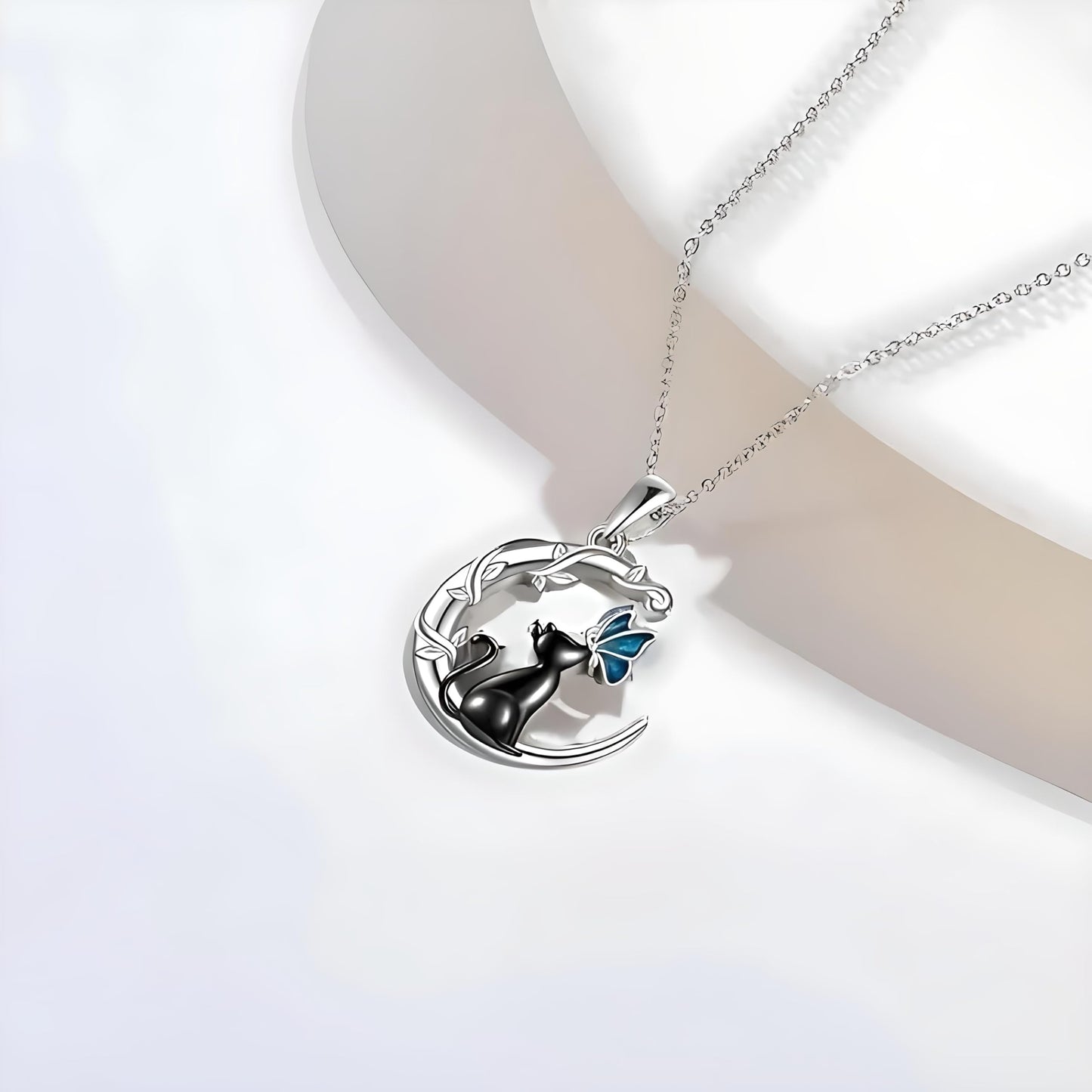 Black Cat Reaching for the Moon Necklace, Butterfly Necklace - Crystal Moonstone Pendant, Silver Chain - Gift