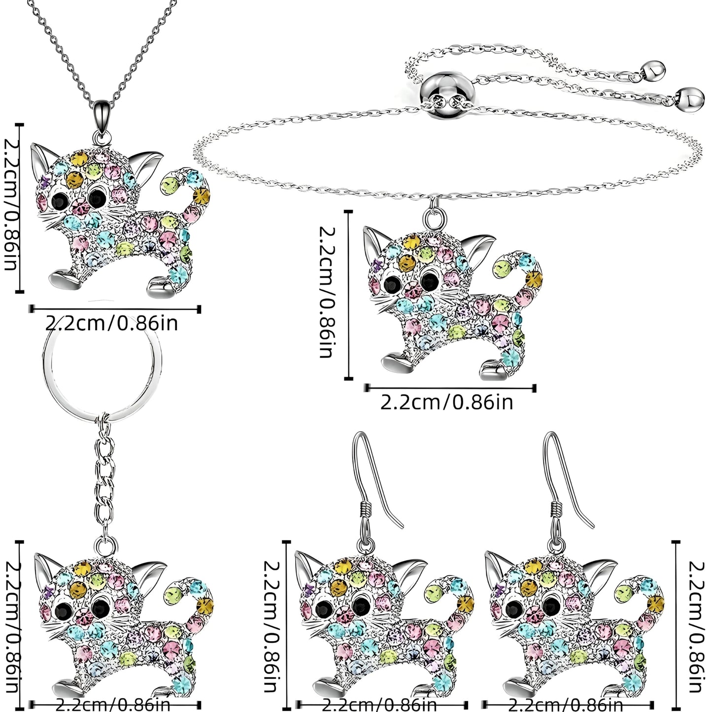 Crystal Cat Jewelry Set with Necklace, Earrings, Bracelet and Keychain, Colorful Rhinestone Design, Silver