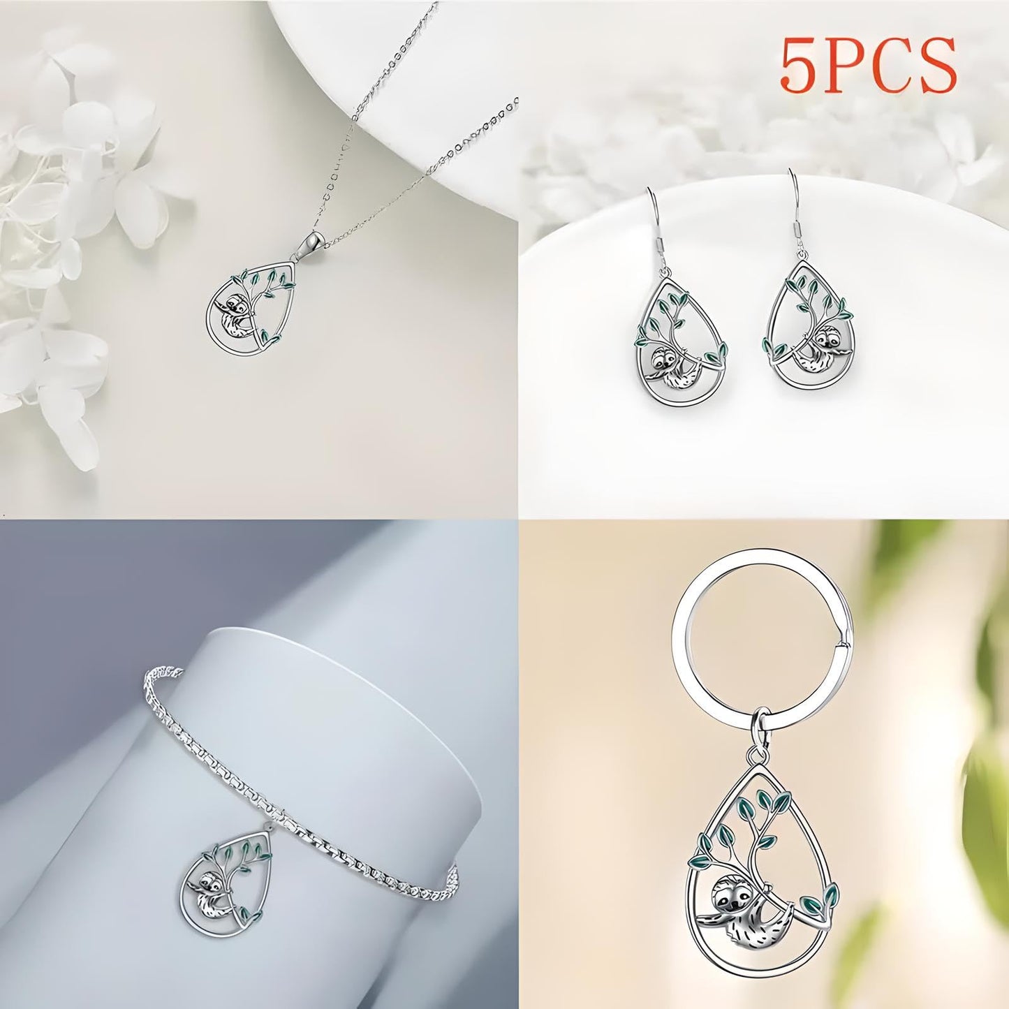 Sloth Jewelry Set, Sterling Silver Teardrop Pendant Necklace, Earrings, Bracelet and Keychain with Green Leaf Design