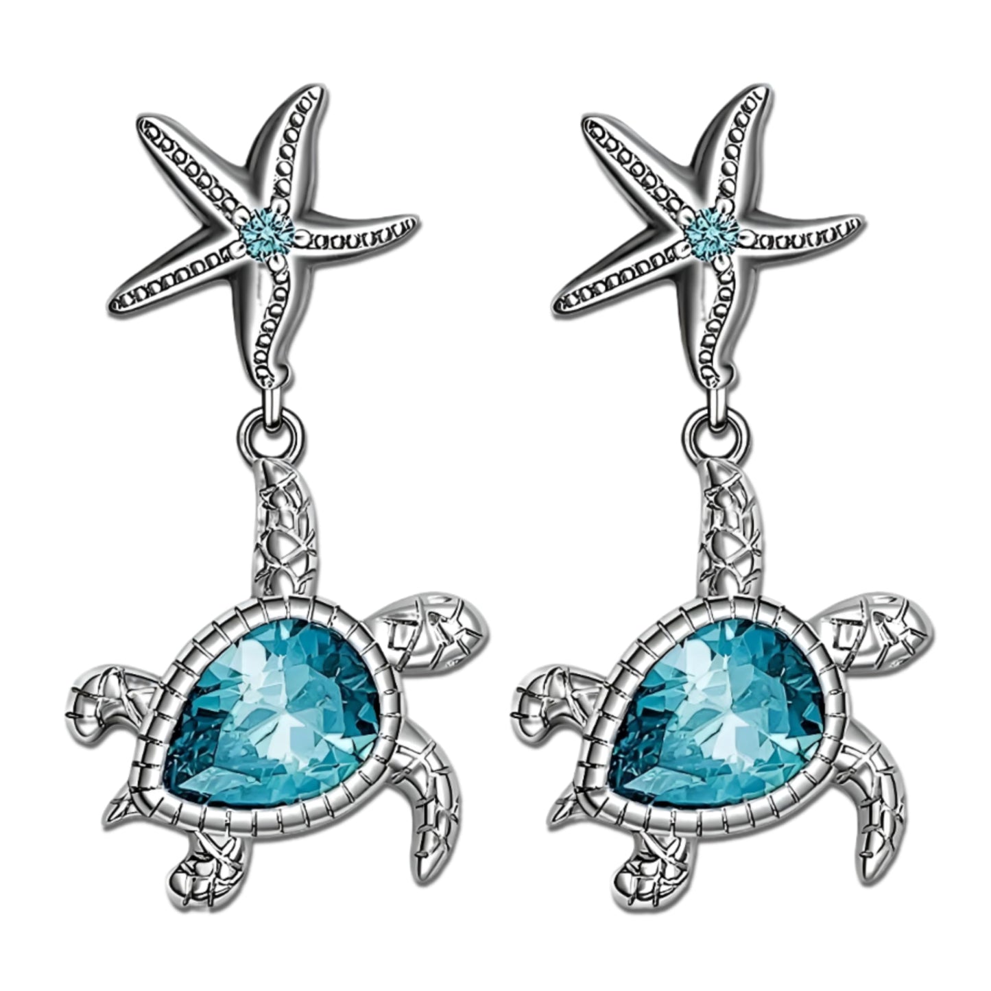 Pair of Cute Starfish and Turtle Stud Earrings - Stainless Steel Ear Needles, Man Made Rock Mosaic, Plated White K Finish, Alloy Construction